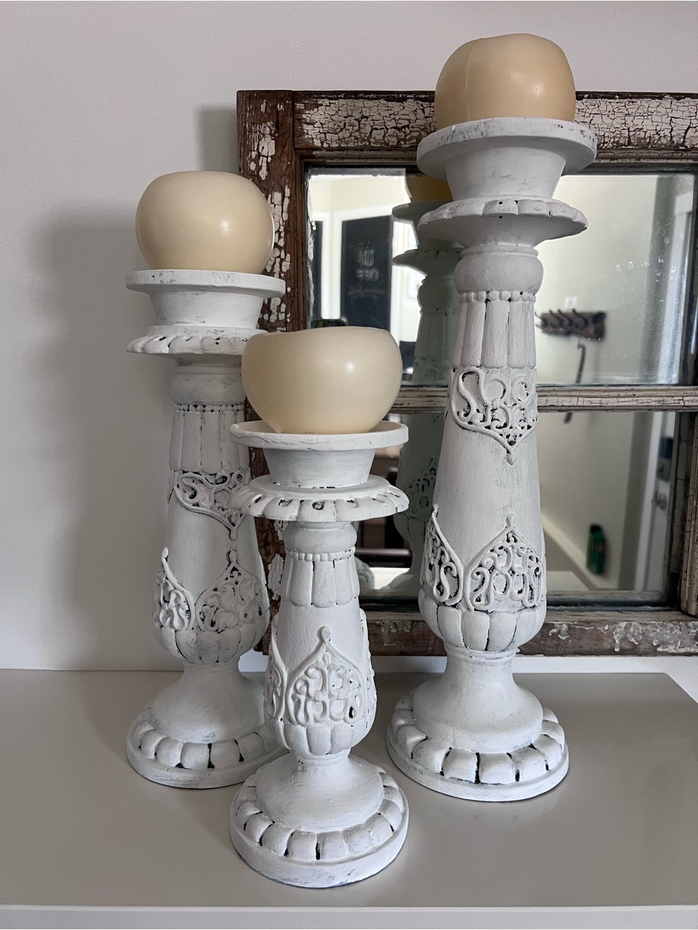 Unbranded White Distressed Ornate Candle Holders Set with Cream Candles